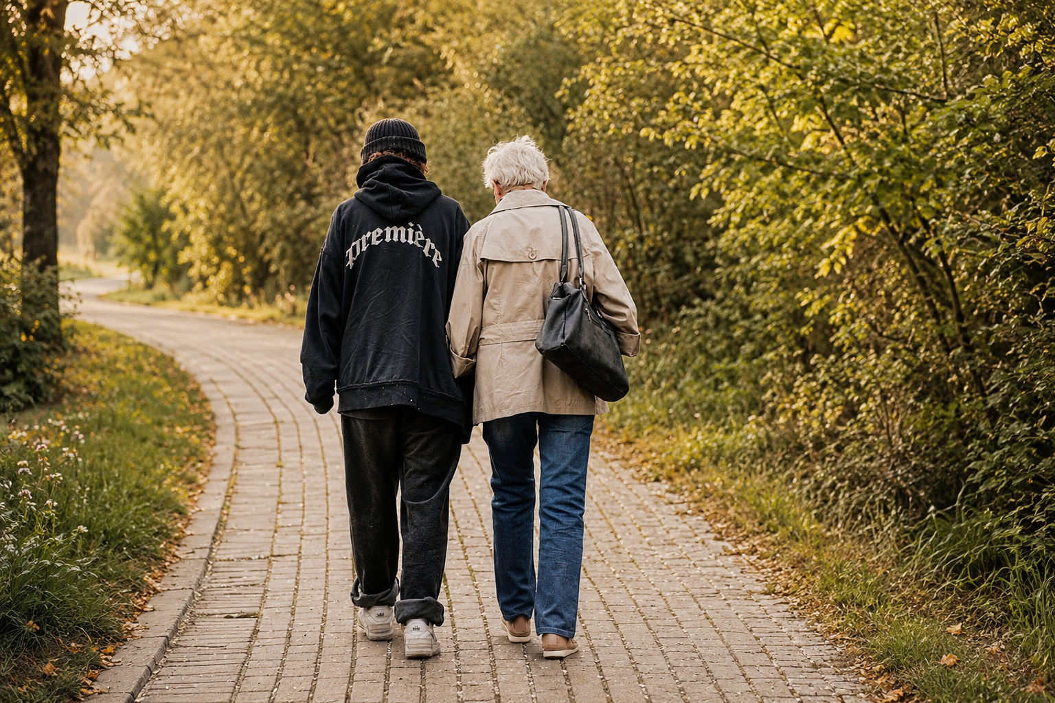 Un accompagnant aidant une personne âgée à marcher sur un chemin